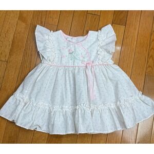 Vintage Toddler Girls White Pink Floral Embroidered Ruffle Dress Size 4T